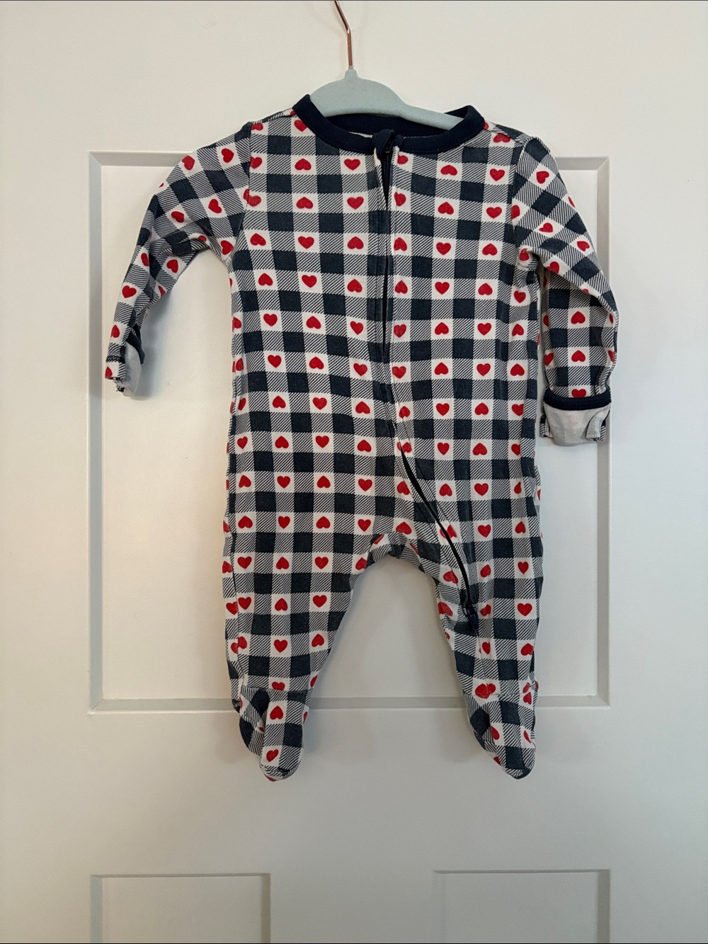 Old Navy Baby Blue & White Check Footed One-Piece with Red Hearts